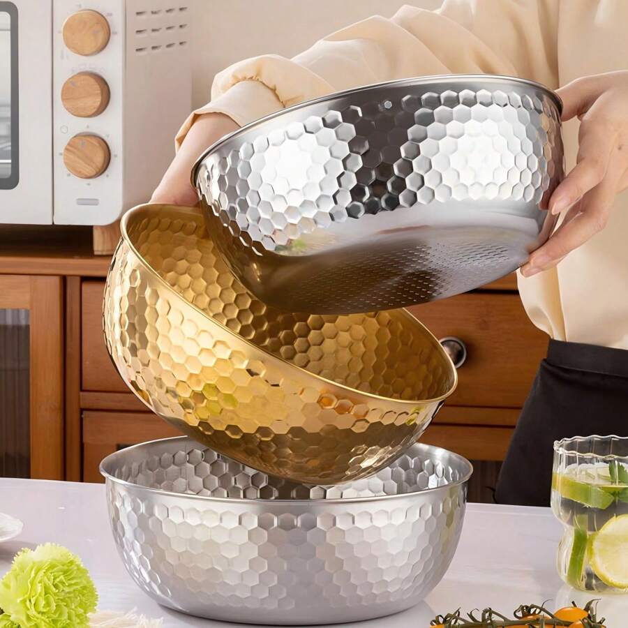 1pc/4pcs, 304 Stainless Steel Hammered Salad Bowl, Salad Bowl, Mixing Bowl, Large Soup Bowl, Golden Bowl, Kitchen Preparation Bowl, - Multicolor - View 1