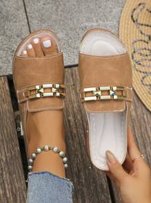 大尺碼 36-45 女款夏季時尚休閒金色金屬方扣坡跟涼鞋，橘色羅馬風輕量舒適百搭日常戶外厚底涼鞋，齋月開齋節/宰牲節夏季鞋 - 褐色磨砂 - 查看 3