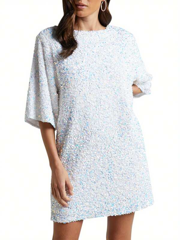 Women's Sequin Dress Casual Loose Sparkly Round Neck Short Sleeve Open Back Tie-Up Mini T-Shirt Dress For Party Club