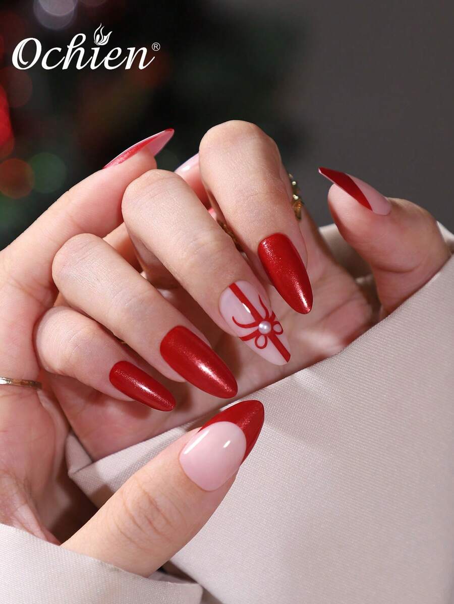 24 件法式杏仁形假指甲，高光红色，带蝴蝶结细节，中长按压式指甲，节日主题，适合女士和女孩