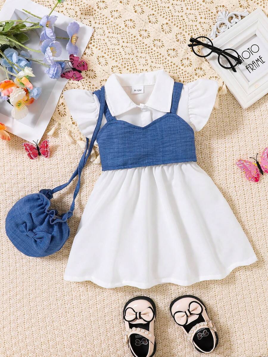 女婴春季白色马球领盖袖连衣裙，搭配牛仔效果吊带背心和迷你背包 - 白色 - 查看 1