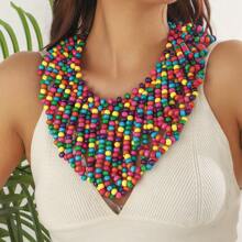 Handwoven Wood Bead V-Shaped Necklace, Exaggerated African Bridal Accessory, Party Decoration, Factory Outlet, Natural Wood Beads, Slight Defects, Occasional Color Difference, Not Seconds, Caution For Those Seeking Perfection