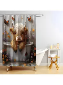 1 pieza/4 piezas Conjunto de cortina de baño con patrón de vaca de las Tierras Altas, cortina de ducha impermeable con alfombra antideslizante, tapa de inodoro y alfombra de baño, instalación fácil con ganchos en C, decoración de otoño para el baño, accesorios de baño de vuelta al colegio