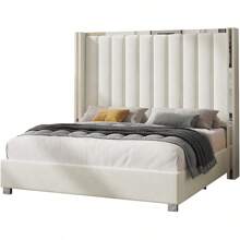Queen/King Velvet Bed Frame 58 Inch Tall Wingback Headboard Channel Tufted Plating Trim Chrome Legs Modern Bedroom Furniture, White - 白色 - 查看 9