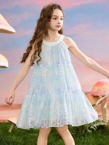 ASK JUNIOR 女童蕾丝无袖公主裙，轻便夏季演出裙，适合年龄较大的女童