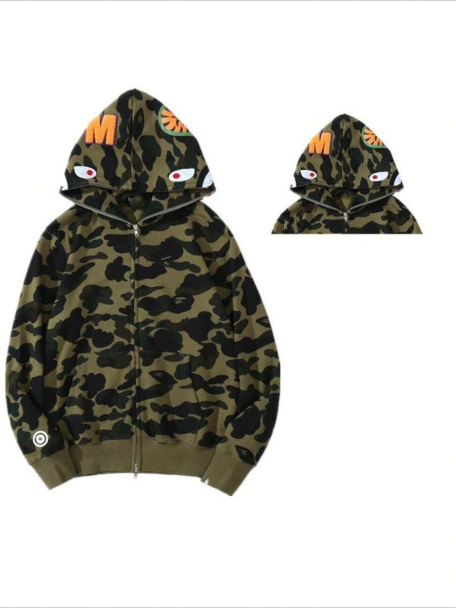 Fashionable Camo Shark Design Men's Hoodie Sweatshirt Casual Loose Fit Hooded Jacket - 軍綠色 - 查看 1