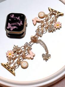 1 条 Apple Watch 表带 Apple Watch 表带女式金色和粉色手链，奢华蝴蝶水钻表带，兼容 Apple Watch 38/40/41/42/44/45/46/49mm，兼容 Apple Watch Ultra/SE/Series 10/9/8/7/6/5/4/3/2/1，带蝴蝶图案/雏菊/皇冠吊坠，伸缩抽绳设计，卡通可爱，时尚精致，可用作日常使用或生日礼物 - 玫瑰金 - 查看 1