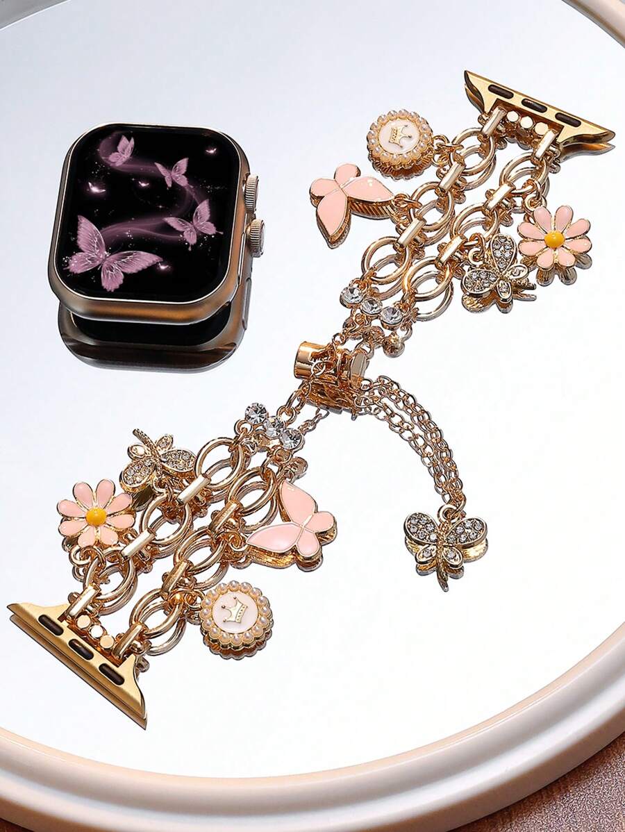 1 条 Apple Watch 表带 Apple Watch 表带女式金色和粉色手链，奢华蝴蝶水钻表带，兼容 Apple Watch 38/40/41/42/44/45/46/49mm，兼容 Apple Watch Ultra/SE/Series 10/9/8/7/6/5/4/3/2/1，带蝴蝶图案/雏菊/皇冠吊坠，伸缩抽绳设计，卡通可爱，时尚精致，可用作日常使用或生日礼物 - 玫瑰金 - 查看 1