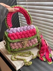 1pc Handwoven Contrast Color Cloth Strap Women Handbag, Colorful Contrast Color Fashionable Casual Tote Bag With Removable Strap & Handle, Spacious Shoulder Bag For Daily Use, Gift For Friends - Multicolor - View 15