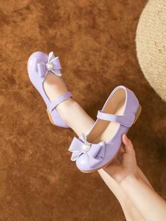 Girls' Purple Bow Decor Flat Shoes, Girls' Autumn Shoes, Toddler Shoes, Princess Shoes