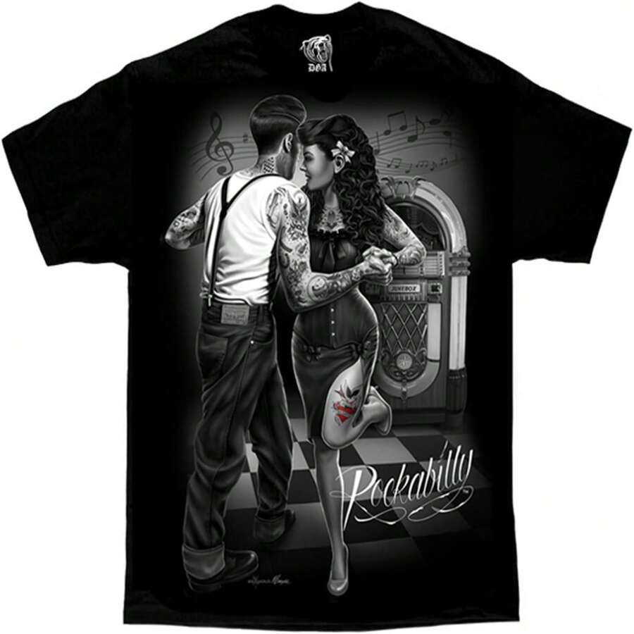 Rockabilly Jukebox Greaser Punk Tattoo David Gonzales DGA Art Men's T Shirt. - màu đen - Xem 1