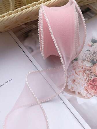 1pc 1m Pearl Fish Tail Organza Ribbon, Wavy Fabric Lace Trim Floral Bouquet For DIY Bow Craft Supplies