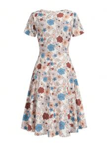 女士春夏花园优雅简约连衣裙，休闲通勤圆领短袖印花及膝 A 字裙，带口袋 - 杏色 - 查看 4