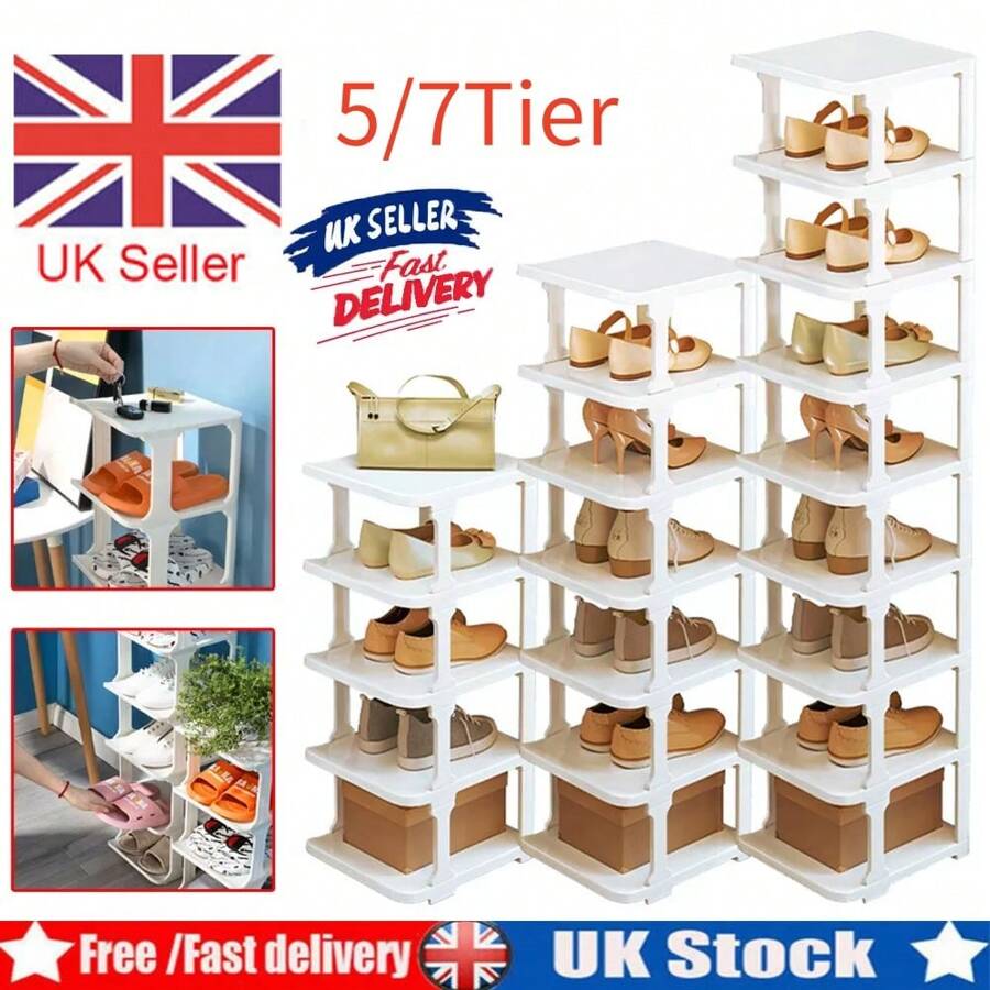 NetHong 4-7 Tier Vertical Shoe Rack Tall Narrow Shelf Storage Organizer Slim Shoe Tower - White - View 1
