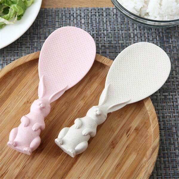 1/2 pièce Cuillère de service mignonne avec motif lapin, louche à riz antiadhésive, spatule à riz debout, convient pour le cuiseur de riz