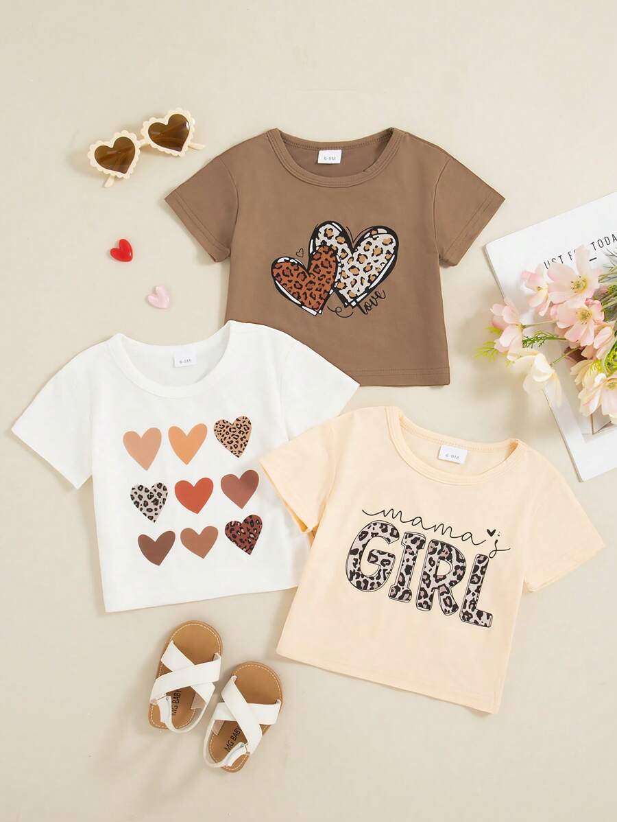 Summer Baby Girls Heart & Letter Print Short Sleeve Tops, Multi-Piece Set - Multicolor - View 1