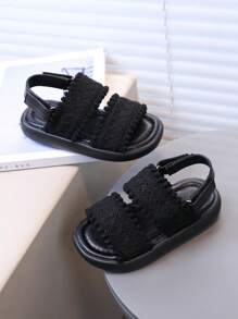 1 Pair Baby Girls Open Toe Flat Sandals, Black Summer Shoes