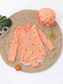 Young Girl Summer Floral Print Swimsuit With Hat, 2pcs Set