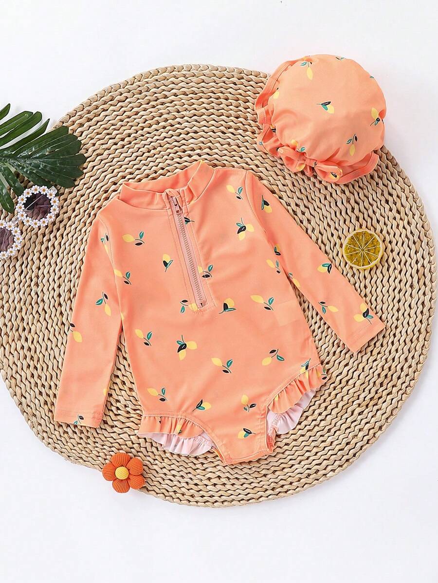 Young Girl Summer Floral Print Swimsuit With Hat, 2pcs Set