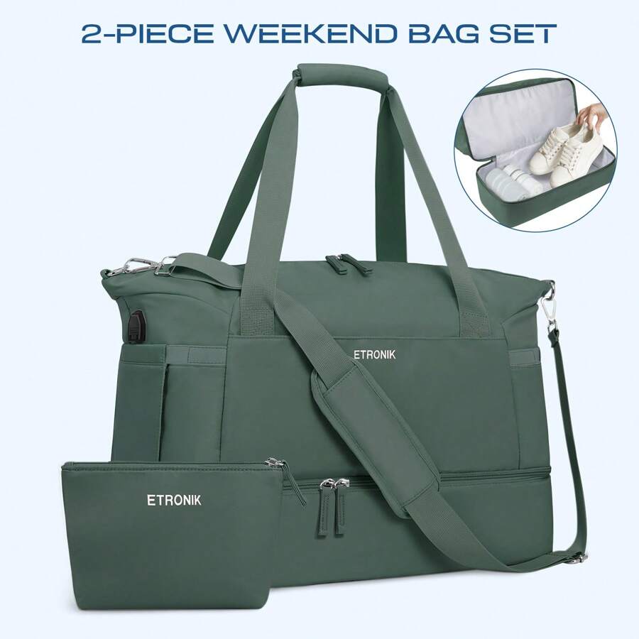 ETRONIK Gym Bag For Women, Travel Duffel Bag With USB Charging Port, Weekender Overnight Bag With Wet Pocket And Shoes Compartment For Women, Travel, Gym, Yoga, Suitable As Christmas, Valentine's Day, New Year's Gift - 墨綠色 - 查看 1