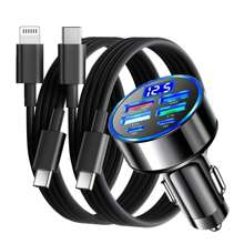 Adaptador de cargador de coche de 6 puertos 90W con carga rápida, cable de carga de 3.3FT/100CM, cable de datos USB-C a Type-C/Apple IOS compatible con iPhone, set de adaptador de carga de coche