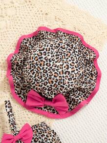 Baby Girl Summer Cute Ruffle Trim Leopard Print Tank Top & Ruffle Trim Diaper Pants & Bow Decor Sunhat 3pcs/Set Outfit - Multicolor - View 8