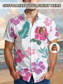 Custom Hawaiian Flowers And Grass Print Shirt For Man  Personalized Family Beach Shirt Hawaiian Shirt With Loving Heart Photo Family Shirts For Lovers And Couples - White - View 3
