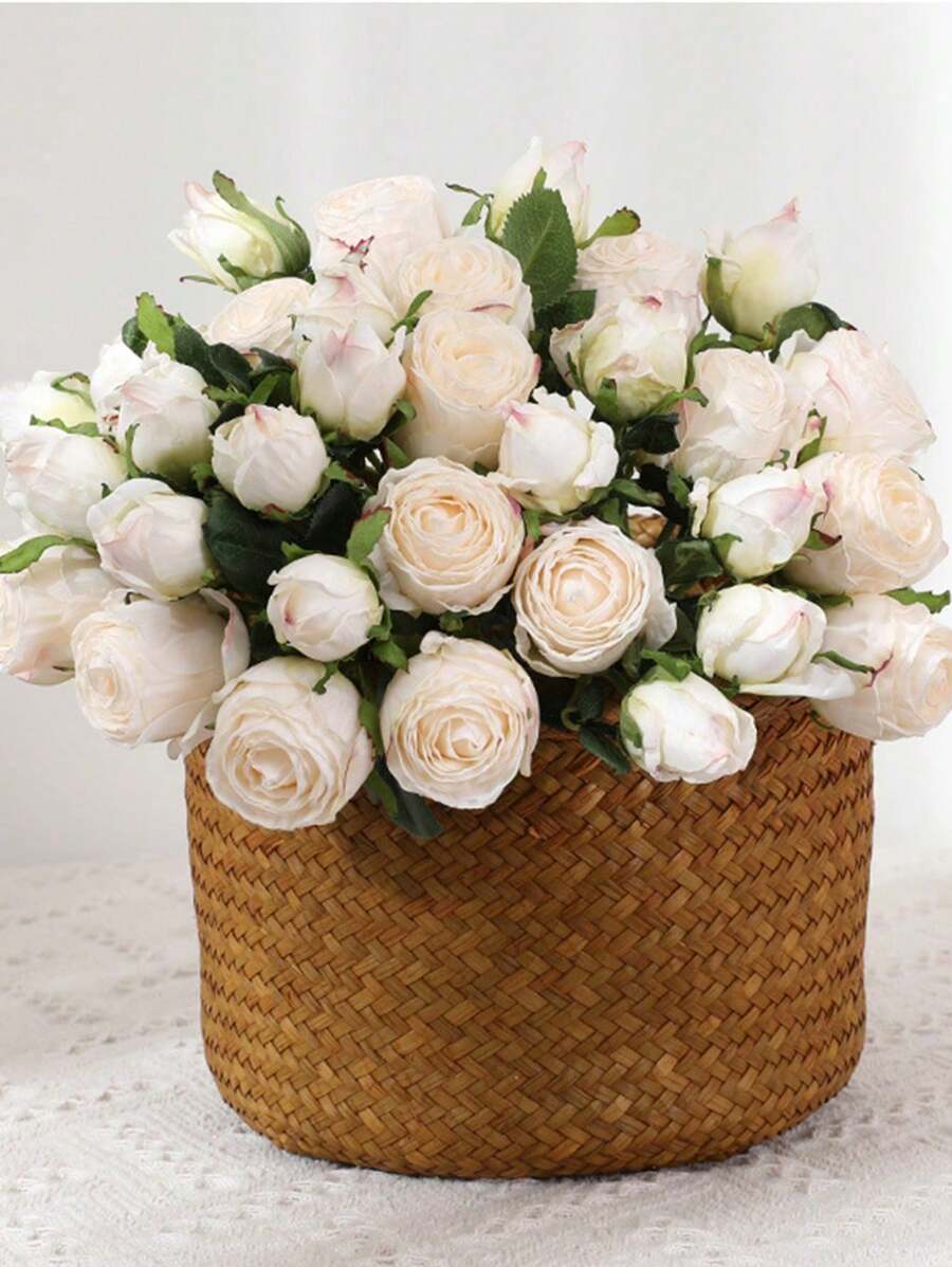 1束复古烧白玫瑰花束，7头烧边单茎人造塑料玫瑰，适合春夏装饰、家居装饰、情人节装饰、桌面装饰、中心摆件、婚礼、客厅、派对装饰、毕业礼物、办公桌装饰、母亲节礼物、新家装饰、房间装饰，19.68英寸