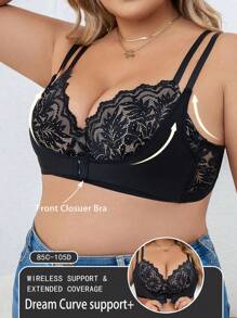 Plus Size Women Lace Fashion Lift & Support Front Closure Underwire Bra - Black - View 4