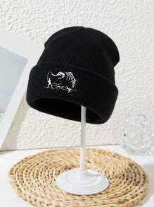 1 pieza Gorro de punto con bordado acrílico de estilo casual de calle, estampado de espina de pescado, para hombre, para pesca, senderismo, esquí y deportes al aire libre, para otoño/invierno, cortaviento y cálido