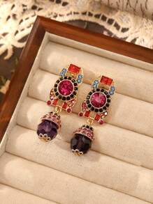 1對歐美時尚復古中世紀現代風格鍍金垂墜耳環，鑲嵌鑽石、有色寶石和水晶裝飾，適合女性日常佩戴、假日派對、正式裙禮、禮物和時尚配飾