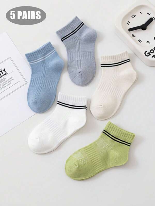 5 paar effen gekleurde dunne strepen mesh mid-calf cartoon sokken voor kinderen voor jongens en meisjes, lente/zomer babysokken