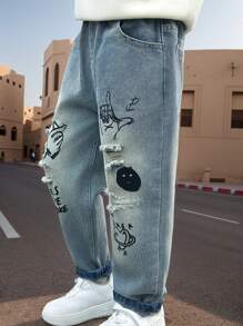 Jeans bordados y desgastados para niño en primavera con bolsillos rasgados