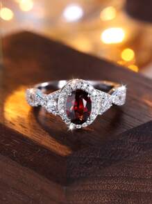 1 件奢华迷人红色圆形合成锆石女士 925 纯银订婚/结婚戒指，周年纪念礼物