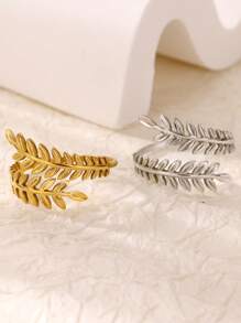 Delicados anéis de aço inoxidável com folhas de ginkgo e concha de sereia, cor dourada, duas folhas, franjas, anel aberto ajustável para mulheres, banhado a ouro 18K, à prova d'água, antidesbotamento, joias de casamento, férias, acessórios de uso diário, presentes para ela