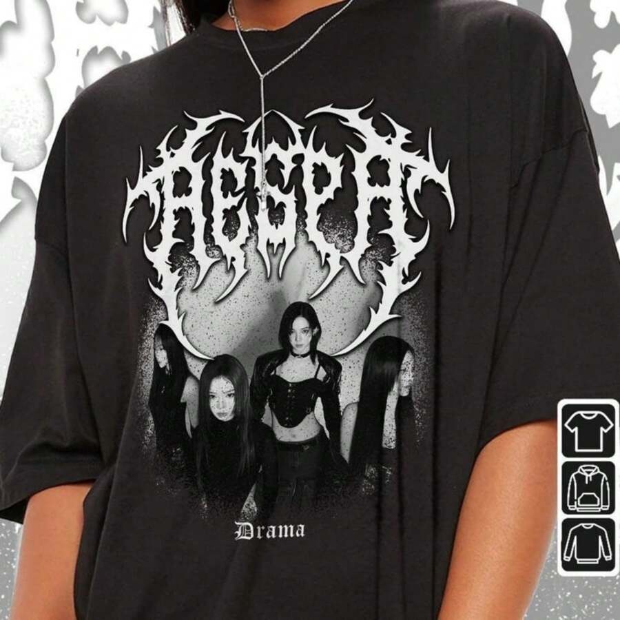 Aespa Kpop Shirt, Drama Album Sweatshirt 3, Aespa Drama Album Vintage Retro Graphic Music Uni Gifts Fan Hoodie - 黑色 - 查看 1