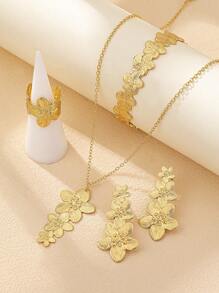 3pcs/5pcs Flower & Butterfly Jewelry Set, Necklace, Earrings, Bracelet, Ring, Metal 5-Petal Flower & Butterfly, Elegant & Sweet Women Accessories