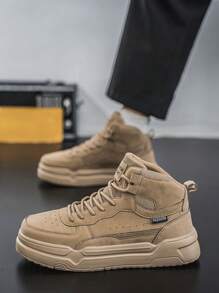 (Runs Small) Fashionable Retro Khaki Letter Decor Couple Shoes, Lightweight Versatile Comfortable High-Top Casual Sneakers, Unisex Outdoor Sports Shoes