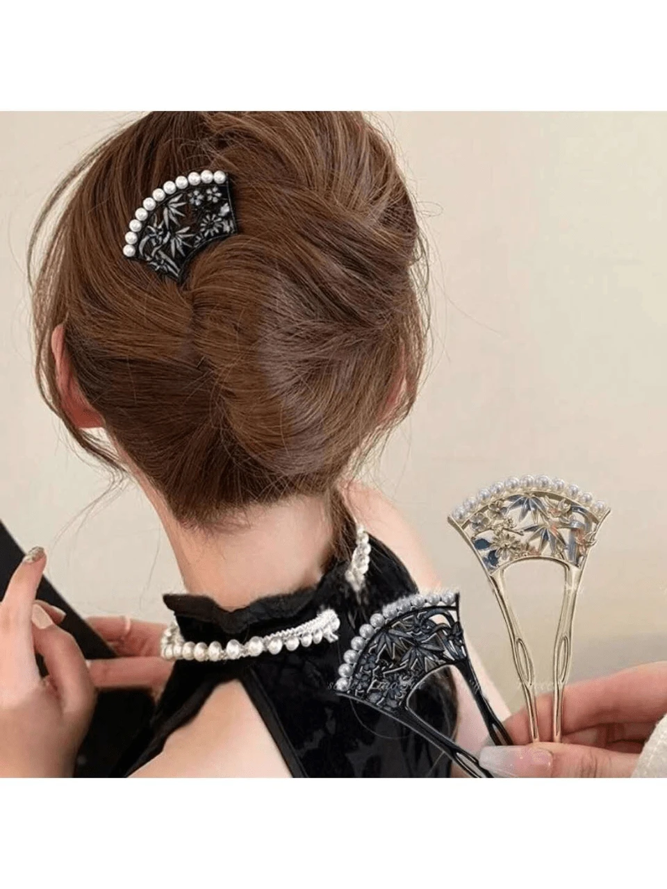 Farbige Perlen Haarschmuck Pfingstrose Blume & Fächer Form Haarknoten Maker, Neuer Chinesischer Stil Haarclip, Retro Chinesisches Design Haarspange, Modische und klassische Kombination
