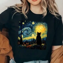 1pc/ 2pcs/3pcs Starry Night Cat Heat Transfer Printing Patch, Mixed Color Vinyl Animal Printing Patch, Suitable For DIY Fashion, Perfect Gift For Cat Enthusiasts, Compatible With Shirts, Jeans, Bags, Cat Clothes