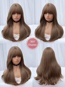 alicegarden 1 Piece Synthetic Heat Resistant Curls With Bangs, Brown Wig 24 Inch Braided Everyday Natural Realistic Wig.