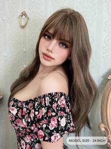 alicegarden 1 Piece Synthetic Heat Resistant Curls With Bangs, Brown Wig 24 Inch Braided Everyday Natural Realistic Wig.