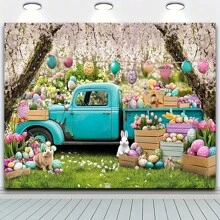 1pc Easter Photography Backdrop - Vibrant Spring Design With Blue Truck, Colorful Eggs, Flowers, Bunnies And Tulip Floral Forest Scene, Polyester Fabric, Great For Photo Booth Props And Party Decoration Backdrop, Festival Accessories | Floral Festival Backdrop | Polyester Fabric Background, Easter Outdoor Decor