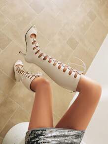 High Boots Hollow Mesh Open Toe Sexy Stiletto Heeled Zipper Closure Gladiator Sandals For Women - Baby Pink - View 6