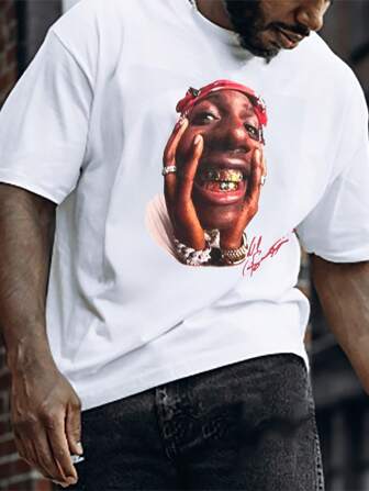 男士运动图案 T 恤 - 大脸图案印花 T 恤，男士运动服，街头风格男士白色圆领短袖，2025 年春夏新品男士 T 恤，跑步和健身运动服，健身服