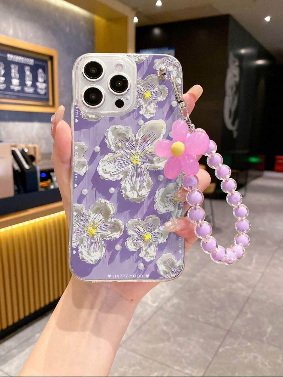 1个透明防摔TPU花纹手机壳和1条紫色花朵珍珠手链,防水防震防刮,国际版,非国内版 - 彩色 - 查看 1