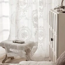 2pcs Set Of Floral Embroidered Sheer Curtains - Rod Pocket Design, Perfect For Living Room, Bedroom, Dining & Balcony Decor, Machine Washable Polyester - White - View 4