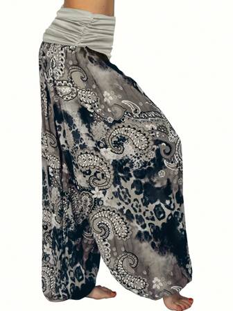 Plus size kvinnor tryckta Casual lösa långa byxor
