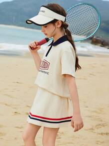 ASK JUNIOR 2 件套 Tween Girls Tween Girl 针织 Polo 衫和迷你裙网球套装