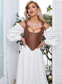 Alivila.Y Fashion Womens Vintage Asymmetrical Hem Overbust Corset Tie Front Lace-Up Back Bustier Shapewear Top - 棕色 - 查看 3